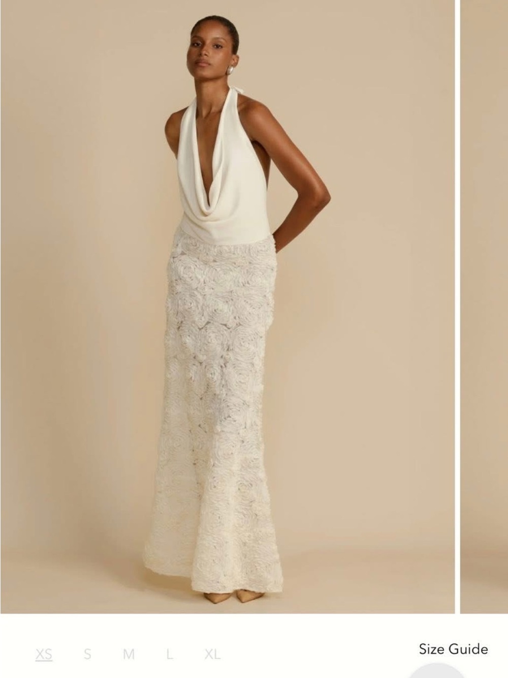 Ivory Cowl-Neck Maxi Dress with Textured Floral Skirt